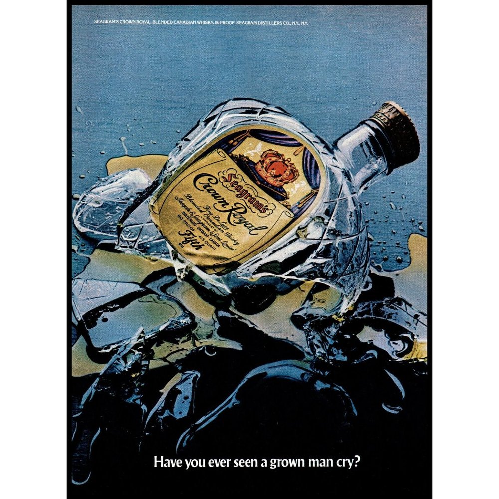 1977 Crown Royal Canadian Rye Whisky Vintage Print Ad Broken Bottle Wall Art